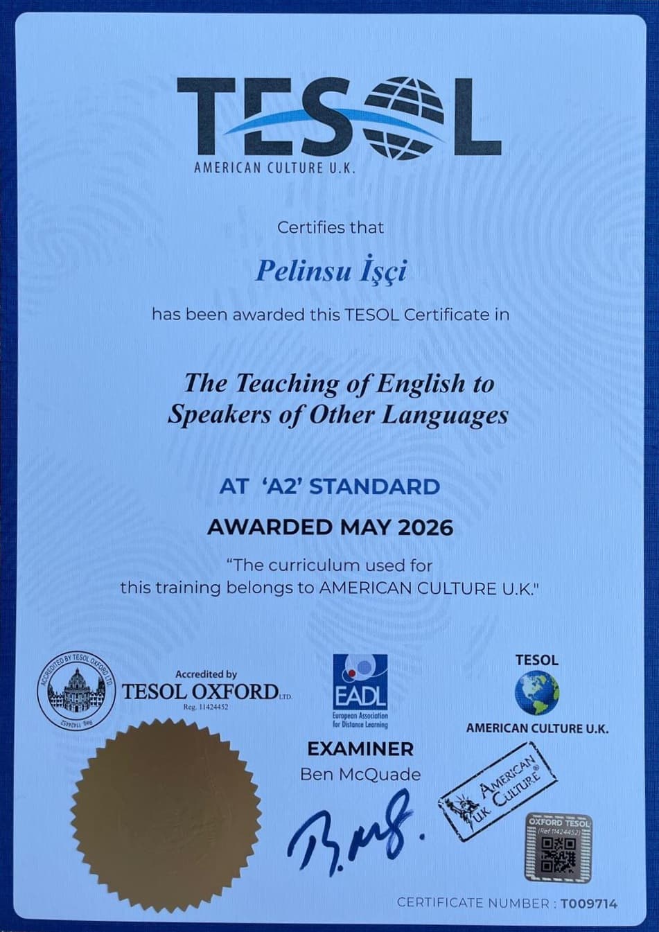 Pelin Özkan TESOL sertifikası ikinci görsel